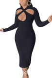 Navy Blue Fashion Daily Adult Solid Hollowed Out O Neck Long Sleeve Mid Calf Pencil Skirt Dresses