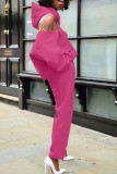 Pink Fashion Casual Adult Solid Backless Hooded Collar Long Sleeve Off The Shoulder Two Pieces