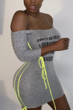 Grey Fashion Sexy Print Tassel Frenulum Fold Bateau Neck Long Sleeve Mini Pencil Skirt Dresses
