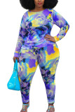 Blue Fashion adulte Ma'am OL O Neck Print Two Piece Suits Plus Size