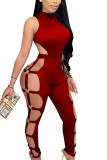 rose red Sexy Solid Bandage Hollowed Out Skinny Jumpsuits