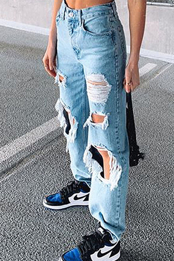Blue Sexy Long Sleeve Straight Distressed Ripped Denim Jeans