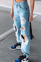 Jeans reto azul sexy rasgado manga longa