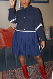ブルー ファッション カジュアル PVC パッチワーク ソリッド パッチワーク バックル ボタン シャツ襟 長袖 膝丈 ストレート ドレス