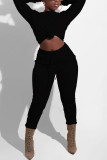 Черные модные повседневные однотонные пуловеры с завязками и уздечками, брюки, базовые, с круглым вырезом, с длинным рукавом, с обычными рукавами, из двух частей