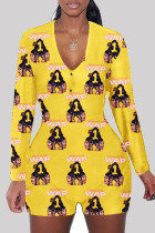 Yellow Fashion Adult Living Print Letter V Neck Skinny Rompers