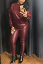 Wine Red Casual Faux Leather Patchwork Solid Patchwork Pullovers Pants O Neck Long Sleeve Regular Sleeve Two Pieces