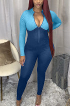 Blauwe sexy effen reguliere jumpsuits met O-hals