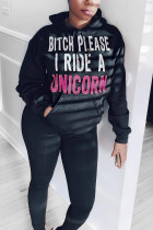 Black Fashion Casual Adult Letter Letter Hooded Collar Long Sleeve Regular Sleeve Regular Two Pieces