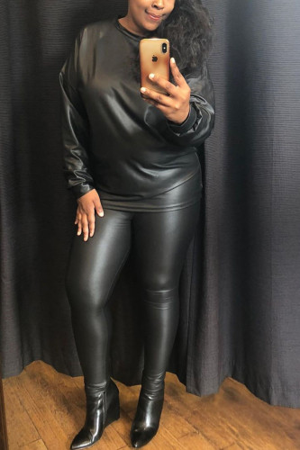 Black Casual Faux Leather Patchwork Solid Patchwork Pullovers Pants O Neck Long Sleeve Regular Sleeve Two Pieces