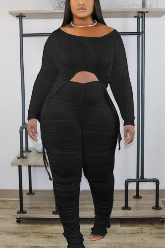 Black Sexy Solid Draw String Fold O Neck Long Sleeve Regular Sleeve Longer In The Rear Two Pieces