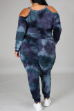 Diepblauwe mode sportkleding volwassen print patchwork O-hals grote maat