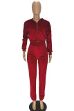 Pantaloni solidi floccati casual rossi Colletto con cerniera Manica lunga Manica normale Corta Due pezzi
