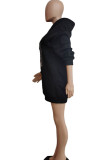 Zwarte mode-straat volwassen print brief capuchon kraag lange mouw mini bedrukte jurk jurken