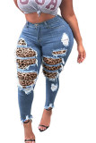 Jeans skinny azul fashion street adulto patchwork leopardo patchwork cintura média