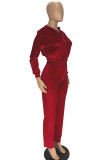 Pantaloni solidi floccati casual rossi Colletto con cerniera Manica lunga Manica normale Corta Due pezzi