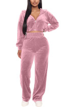 Pantaloni solidi floccati casual rosa Colletto con cerniera Manica lunga Manica normale Corta Due pezzi