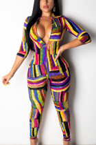 Farbe Sexy Print O Neck Regular Jumpsuits