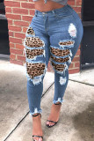 Blue Fashion Street Vuxen Patchwork Leopard Patchwork Skinny Denim med mitten av midjan