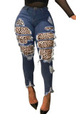 Mörkblå Fashion Street Vuxen Patchwork Leopard Patchwork Skinny Denim med mitten av midjan