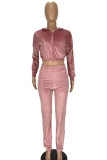 Pantaloni solidi floccati casual rosa Colletto con cerniera Manica lunga Manica normale Corta Due pezzi