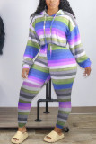 Green Casual Striped Print Patchwork Draw String Hooded Collar Long Sleeve Two Pieces