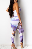purple Fashion Sexy Adult Milk Fiber Print Patchwork Strapless Skinny Jumpsuits