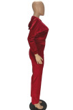 Красные повседневные однотонные брюки с флокированием и воротником-молнией с длинным рукавом и короткими рукавами из двух частей