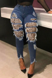Jeans skinny azul escuro fashion street adulto patchwork leopardo patchwork cintura média
