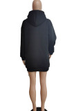 Zwarte mode-straat volwassen print brief capuchon kraag lange mouw mini bedrukte jurk jurken