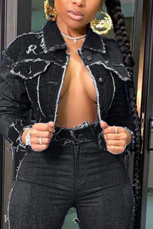 Black Fashion Casual Long-sleeved Raw Hem Denim Jacket