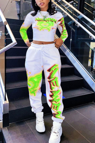 Green Fashion Casual Adult Print Patchwork O Neck Long Sleeve Regular Sleeve Short Two Pieces