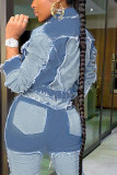 Baby Blue Fashion Casual Long-sleeved Short Raw Hem Denim Jacket