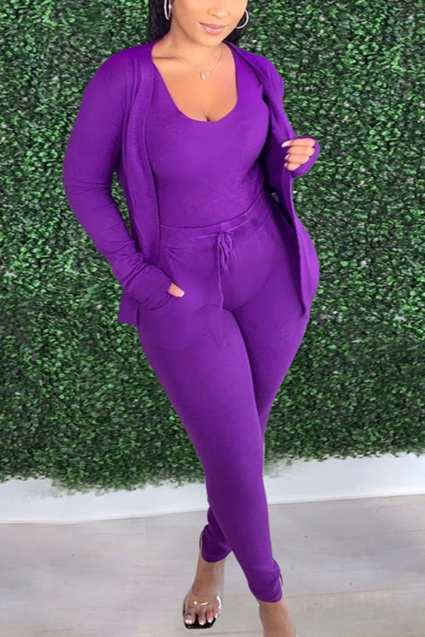 фиолетовый Спортивная одежда Однотонный О-образный вырез Длинный рукав Обычные рукава Из двух частей