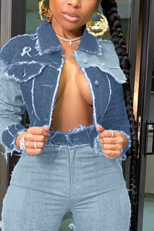 Baby Blue Fashion Casual Long-sleeved Raw Hem Denim Jacket