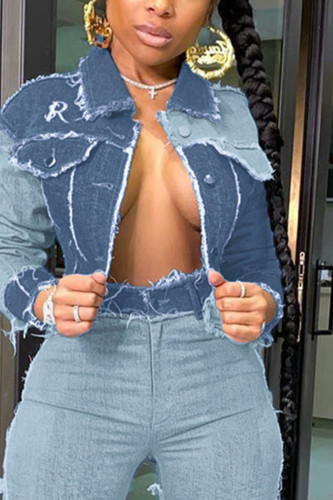 Голубая модная повседневная короткая джинсовая куртка с длинными рукавами