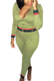 Verde militar Casual Satén sarga Unicolor Patchwork Cuello con capucha Manga larga Manga regular Regular Dos piezas