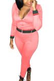 ピンク カジュアル ツイルサテン ソリッド パッチワーク フード付き 襟 長袖 レギュラースリーブ レギュラー ツーピース