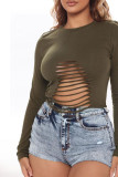 Black Green Sexy Casual Street Blends Solid Pierced Ripped Hollowed Out Pullovers O Neck Tops
