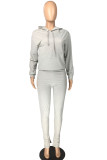 Light Gray Casual Patchwork Solid Draw String Pocket Slit Hooded Collar Long Sleeve Two Pieces