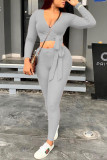 Grey Casual Knitting Patchwork Solid Patchwork Pullovers Pants Knotted V Neck Long Sleeve Regular Sleeve Short Two Pieces