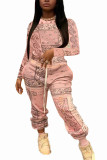 Pink Fashion Sportswear Adult Print Draw String O Neck Plus Size 
