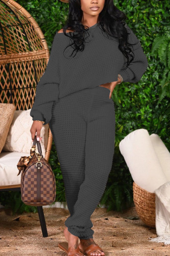 Dark Gray Fashion Casual Adult Solid Patchwork Oblique Collar Long Sleeve One Shoulder Regular Two Pieces