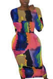 multicolorido moda impressão de fibra de leite tie-dye decote oco manga comprida comprimento tornozelo linha vestidos