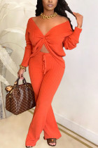 Orange Fashion Casual Spandex Pit Article Fabrics Solid Pants Knotted V Neck Long Sleeve Regular Sleeve Regular Two Pieces