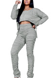 Grey Sexy Solid Patchwork Fold O Neck Long Sleeve Regular Sleeve Short Two Pieces