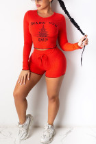 Röd Casual Street Sportkläder Spandex Pit Artikel Tyger Bokstavstryck Bokstav O-hals Långärmad Vanlig ärm Vanlig Tvådelad