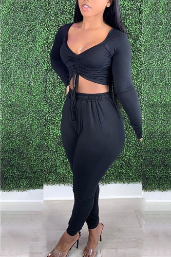 Black Fashion Casual Adult Solid Draw String Bateau Neck Long Sleeve Off The Shoulder Short Two Pieces