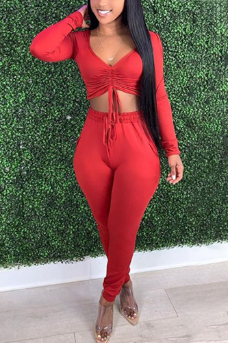 Red Fashion Casual Adult Solid Draw String Bateau Neck Long Sleeve Off The Shoulder Short Two Pieces