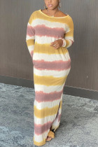 Yellow and purple Casual Spandex Milk Fiber Striped Print Slit Basic O Neck Long Sleeve Floor Length A Line Dresses